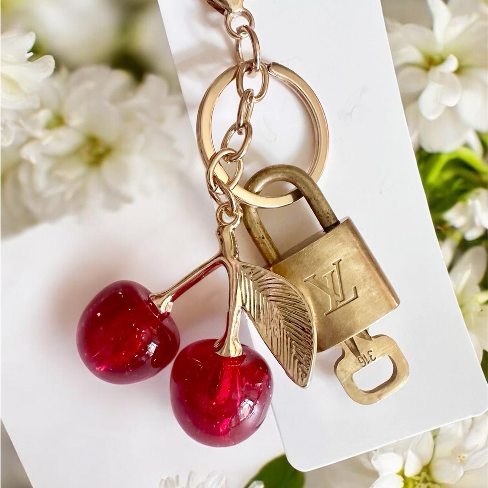 Louis Vuitton Gold Padlock with Red Cherry Charm Key Holder